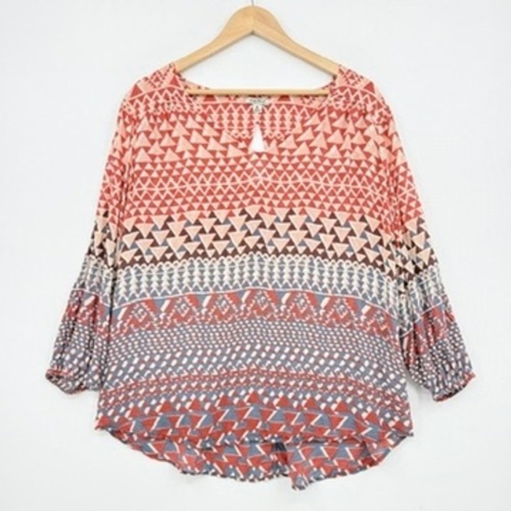 Lucky Brand Peasant Top Women XL Red Geometric Boho Southwestern Loose Flowy